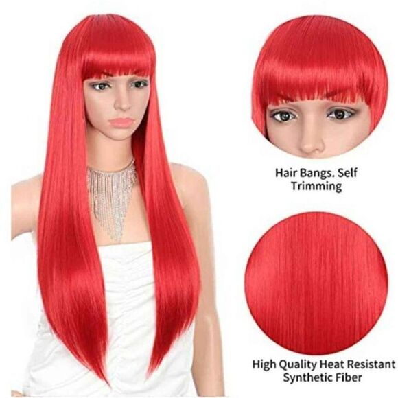 Women's Hairpiece Long Straight Red Hair with Bangs, Premium Synthetic Wig NEW - Picture 1 of 7
